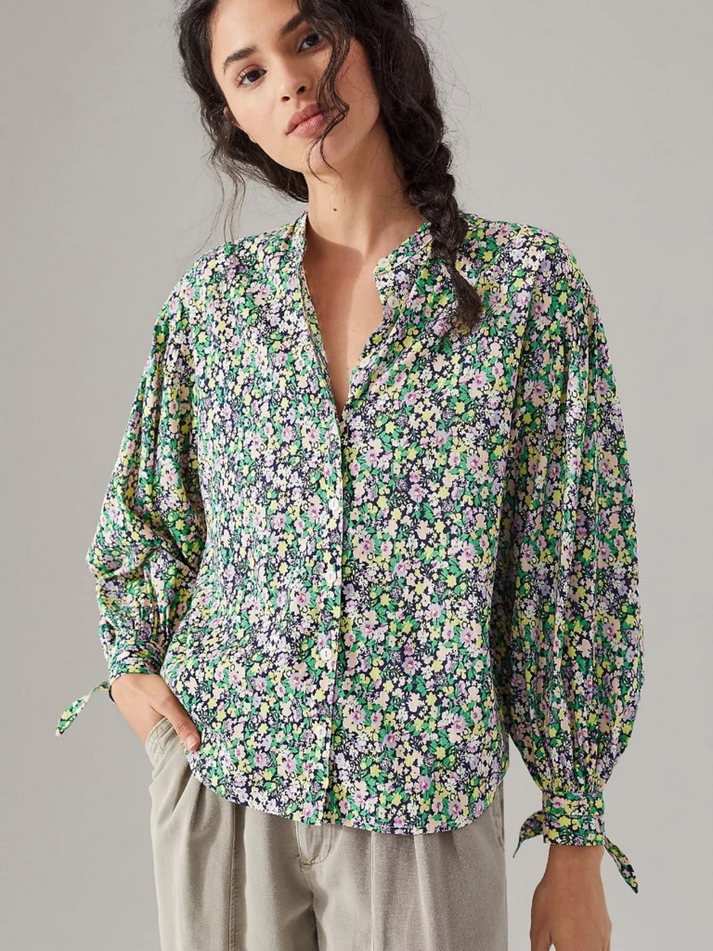 Maeve Ashleigh Lavender Multi Floral Puff Sleeve Cotton Button Down Blouse SZ XL
